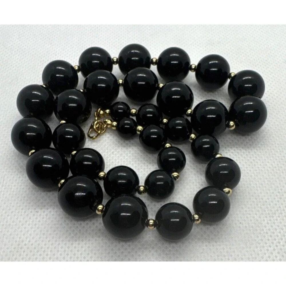 Vintage Monet Signed Graduated Round Black‎ Plastic Beaded 19'' Necklace Retro